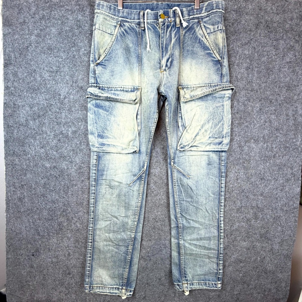 Mnml Jeans Mens 33 Blue Utility Cargo Streetwear Light Wash Skinny Drawstring
